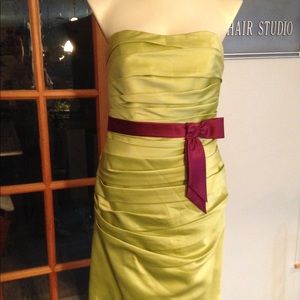 Alfred Angelo Lime Green Strapless Satin Dress with Plum Sash Accent